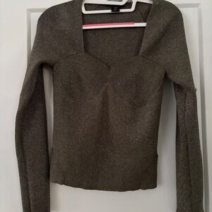 House of Harlow 1960‎ Olive Green Gold Metallic Knit Square Neck Long Sleeve Top